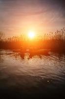 Group of people in kayaks among reeds on the autumn river. photo