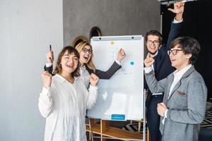 Businesspeople with whiteboard discussing strategy in a meeting photo