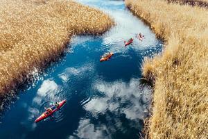 Group of people in kayaks among reeds on the autumn river. photo