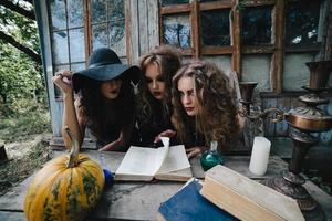 Three vintage witches perform magic ritual photo