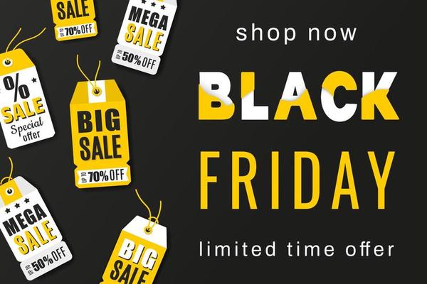 Black friday sale banner. Discount offer price sign. Colourful text with bright sale tag on black background. Vector