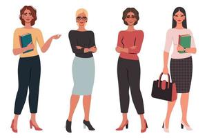 Confident beautiful young women in different poses. School college teacher, office worker, businesswoman. Female flat character. Education, business concept. Vector illustration