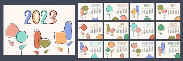 Floral calendar 2023 pages. Horizontal modern monthly planner with abstract flowers, plants. Week starts on Sunday. Organizer template with cover in size A4 A3 A2 A5.Vector flat illustration for print vector