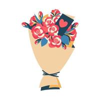 Bouquet of flowers in cartoon style isolated on white background. Floral element for birthday, holiday party, wedding invitation, greeting card. Vector template.