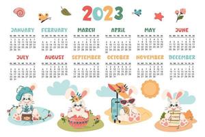 Calendar 2023. Horizontal planner with cute bunny in different seasons.  Cartoon character rabbit  as symbol of new year. Week starts on Sunday. Vector flat illustration