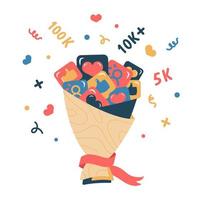 A set of social networking icons. Congratulations Blogger with 10K, 100K, 5K subscribers. Thanks followers. Likes, color bubbles, confetti, greeting card, bouquet and ribbon. Vector illustration