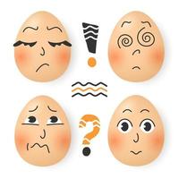 Set of cute cartoon eggs. Stickers of emotions. Guestion mark, exclamation point and lines. Expression of emotions, grimace,mood. Flat vector illustration.