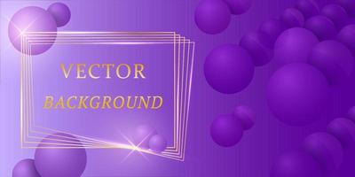 Abstract luxury background with purple balls, golden lines and frame. Brochure template layout, flyer, cover design, magazine. Gradients. Vector colorful 3d spheres for posters, business, banner