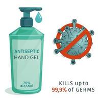 Alcohol  hygienic gel, liquid antiseptic for hands and surfaces. Sanitizer to protect against germs, bacteria and viruses. Skin care. Vector illustration for medical design.
