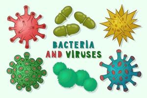 Pathogenic virus,germs, microorganisms,microbe isolated on light background.Collection of colored cartoon viruses and bacteria with bright multicolored text.Vector flat illustration. vector