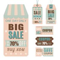 Set of vintage paper price tags, save coupon, hanging tags in different shapes. Sale and discount or gift concept. Flat vector illustration.