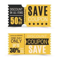 Set of discount coupons in different shapes. Gift voucher with coupon code.  Sale and discount or gift concept.  Vector illustration.