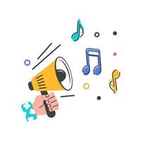 Megaphon with music notes, lines, bubbles. Human hand holding loudspeaker. Concept for message, advertisement, announcement.Vector. Flat cartoon style. vector