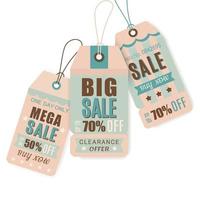 Set of vintage paper price tags, save coupon, hanging tags in different shapes. Sale and discount or gift concept. Flat vector illustration.