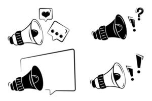 Megaphone icon. Set of Loudspeaker with popular social media icons. Like, messages, question sign. Speaker icon. Black and white vector illustrtion isolated on white background.