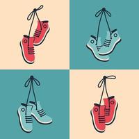 Sneakers hanging in retro style. Pair of shoes with tied laces dangling on a string. Vector flat illustration for banner, poster, cover art