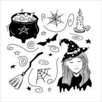 Hand drawn doodle set with halloween cliparts. Vector cute magic illustration with witch girl, spider web, candle, pot and broom. Black and white doodle collection. Outline.