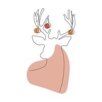 Vector deer in line art style. Deer with Christmas decorations hanging on the antlers.