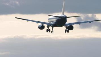 avión de pasajeros aterrizando en la pista del aeropuerto internacional de moscú al atardecer video