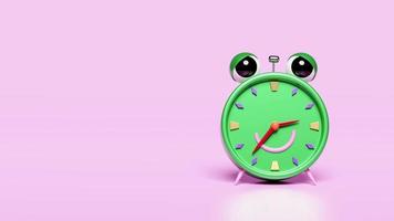 cartone animato personaggio verde allarme orologio svegliati tempo mattina con spazio isolato su blu sfondo. concetto 3d animazione, alfa video