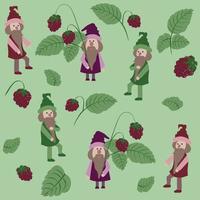 Dwarf characters. Cute, funny gnomes with a beard. Little men with twigs, berries and raspberry leaves on a light green background. Seamless pattern. Vector illustration.