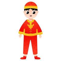 Cute boy in chinese national costume standing in cartoon style for lunar new year, decorative element for design isolated on white background vector