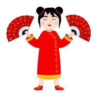 Cute girl in chinese national costume holding red fans in cartoon style for lunar new year decorative element vector