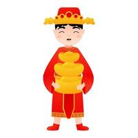 Cute boy in chinese national costume holding ingots in cartoon style for lunar new year decorative element vector