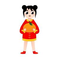 Cute girl in chinese national costume holding tangerine in cartoon style for lunar new year decorative element vector