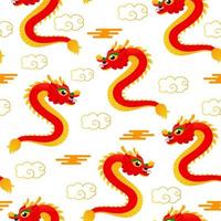 dragón chino y nubes patrón sin costuras sobre fondo blanco para papel tapiz o impresión en estilo de dibujos animados, tema de año nuevo lunar vector