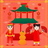 Chinese new year greeting card with cute little boy and girl in traditional costumes and building with lanterns vector