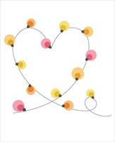 Light garland in the shape of a heart on a white background. Colored garland in a flat style. Pattern with colored lanterns. Colorful vector art design.