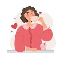 A girl in a pink blouse with a cup of coffee and dessert. The concept of a coffee shop and coffee lovers. Vector illustration in a flat style