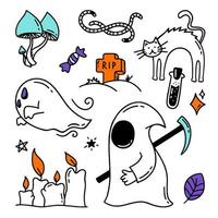 Set of Halloween elements Doodle style vector design illustration Isolated on white background