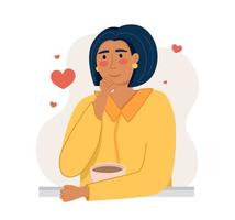 A girl in a yellow jacket with a cup of coffee and dessert. The concept of a coffee shop and coffee lovers. Vector illustration in a flat style