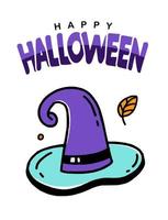 banner de cartel de tarjeta de felicitación de halloween con ilustración de diseño de vector de estilo de doodle de sombrero de bruja sobre fondo blanco