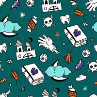 Seamless pattern with Halloween elements Doodle style vector design illustration on dark green background