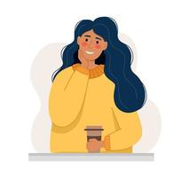 A girl in a yellow jacket with a cup of coffee and dessert. The concept of a coffee shop and coffee lovers. Vector illustration in a flat style