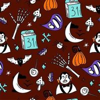 Seamless pattern with Halloween elements Doodle style vector design illustration on burgundy background