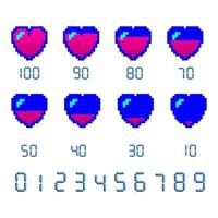 Row of pixelated hearts representing health or life in arcade retro games. Vector illustration in retrowave style with numbers.