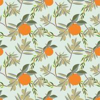 Seamless flat vector image of fresh orange motifs and numerous shades of green leaves.