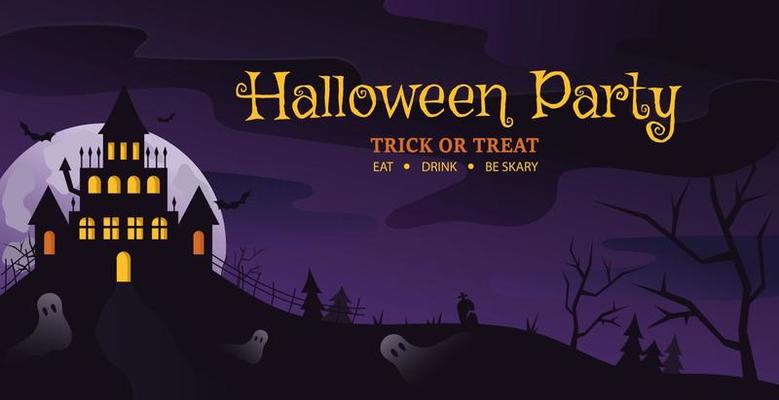 Happy halloween event flat banner vector template. Autumn holiday night party invitation card design layout. Scary, spooky cartoon background. Helloween horizontal poster