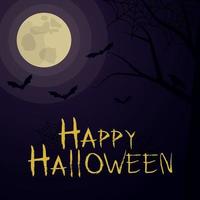 Halloween creepy night background with moon, bats, tree and raven vector