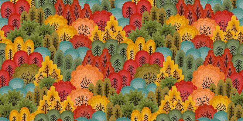 Abstract seamless pattern with autumn forest. Vector background for various surface. Trendy hand drawn textures.