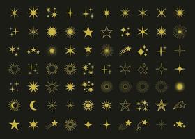 conjunto de estrellas doradas, estrellas centelleantes, destellos, ráfagas brillantes. estrellas vectoriales en estilo de arte de línea de fideos sobre fondo negro vector