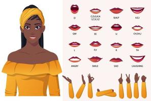 hermosa mujer negra con blusa amarilla y animación de la boca y sincronización de labios, ilustración de niña afroamericana de dibujos animados vector