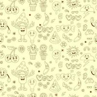 Retro seamless pattern with groovy elements Vector linear hand drawn doodle style. Cartoon characters with faces funky flower power, cactus flower pot, cherry, mushroom, Melting smile face and heart.