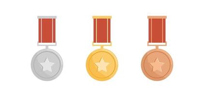 Gold, silver, bronze medal badge and trophy with red ribbon flat vector illustration.