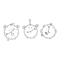 Delay concept. Set of clocks in doodle style. Alarm clocks characters. Vector illustration