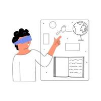 The concept of teaching a child with an augmented reality tool. Boy in AR glasses. Vector illustration in flat style